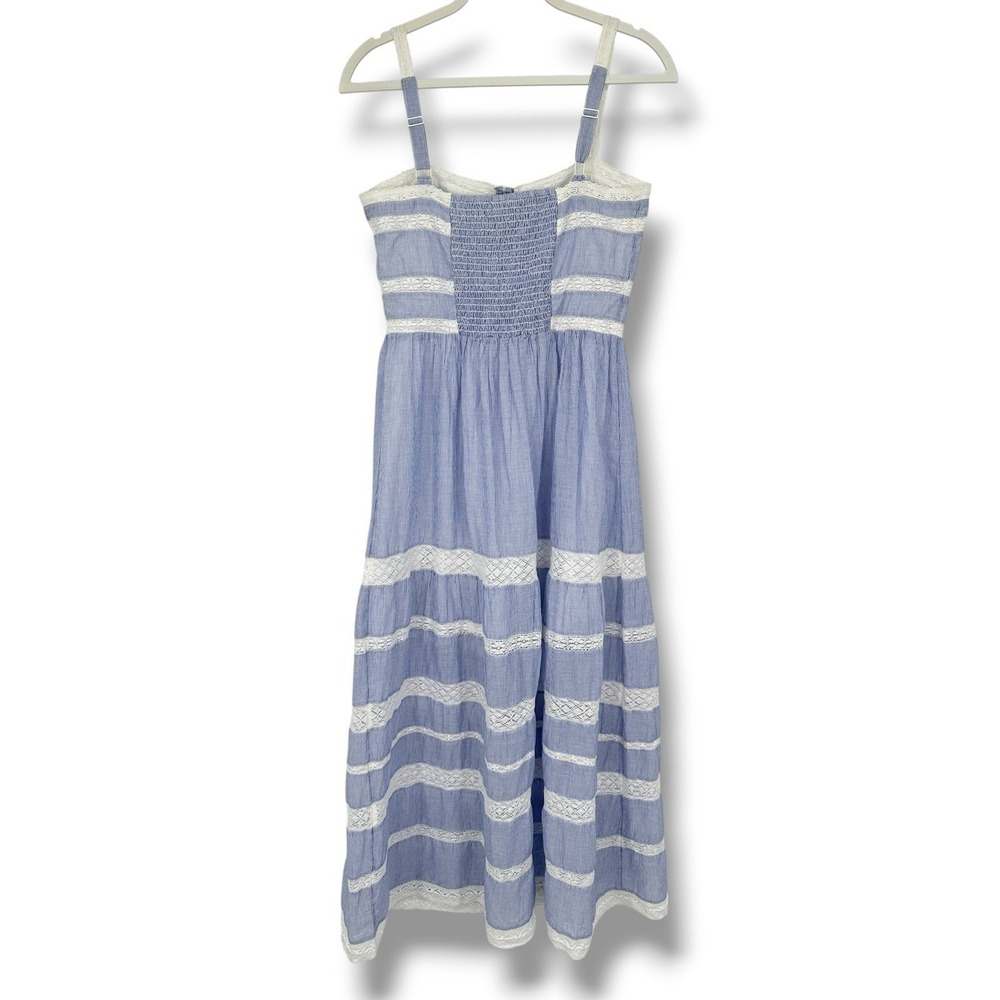 GAP Lace Trim Maxi Dress S Petite Blue Stripe Cotton Button Front Cottagecore - Picture 4 of 16